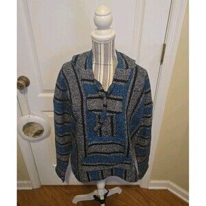 Artesanias Mickey Mens Blue Baja Hoodie Pullover Striped Mexican Jerga Sz Large